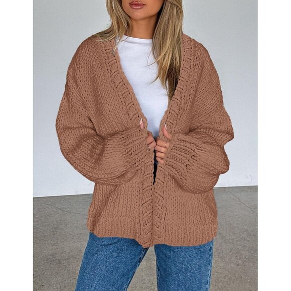 Womens Trendy Cardigan Sweaters Red Camel Long Sleeve Chunky Knit Outfits - Picture 6 of 8